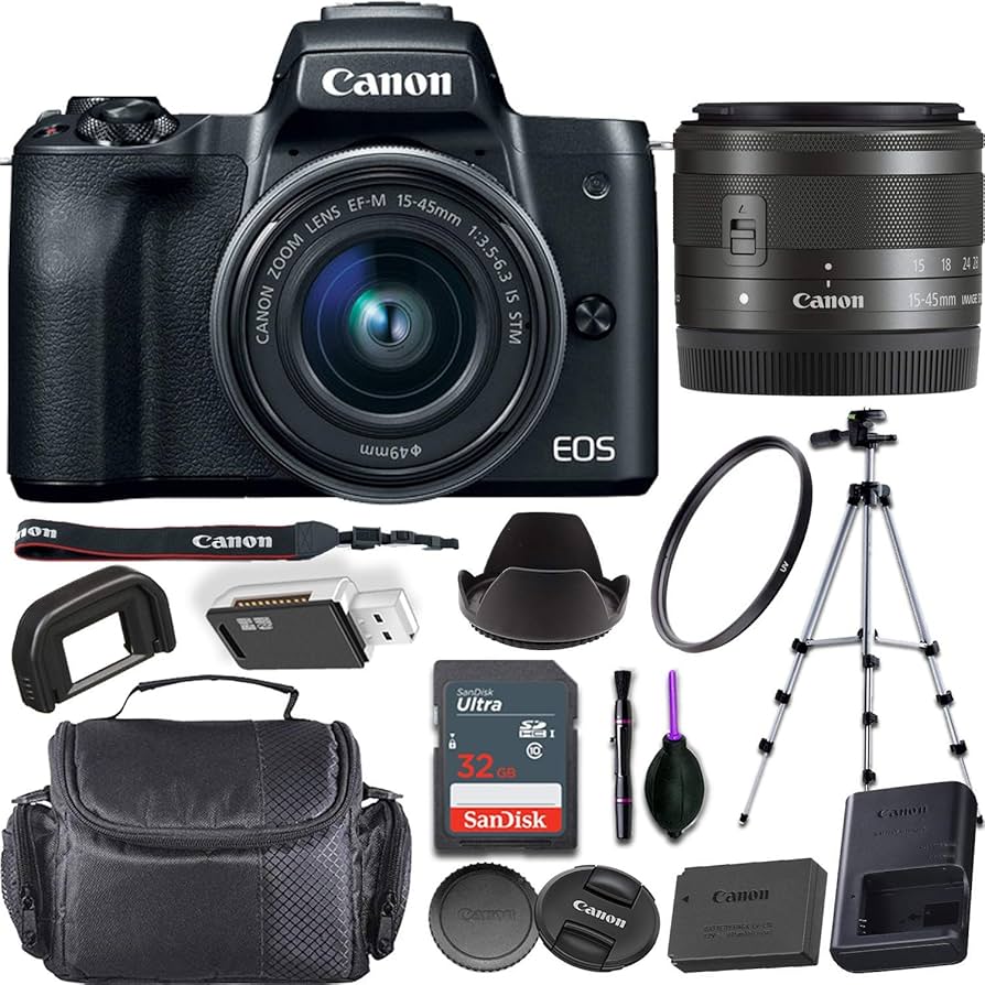 Canon EOS M50 Mirrorless Digital Camera (White) + EF-M 15-45mm f/3.5-6.3 is  STM Lens Bundled with Premium Accessories (32GB Memory Card, Padded